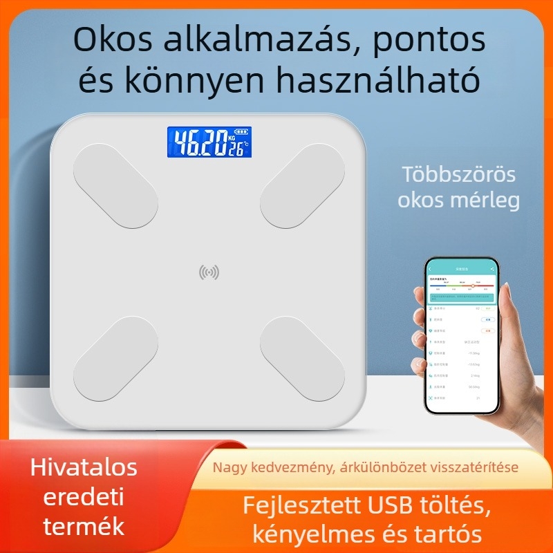 Testtömeg-mérleg testzsír méréssel, 180 kg teherbírás, USB töltés / AA elem, panel edzett üvegből