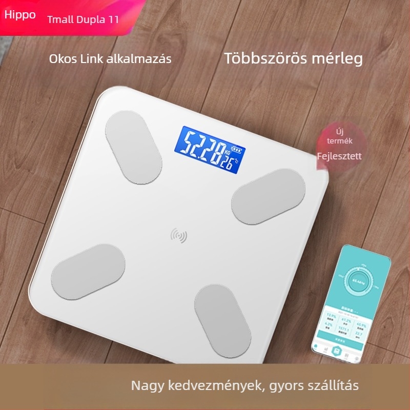 Testtömeg-mérleg testzsír méréssel, 180 kg teherbírás, USB töltés / AA elem, panel edzett üvegből