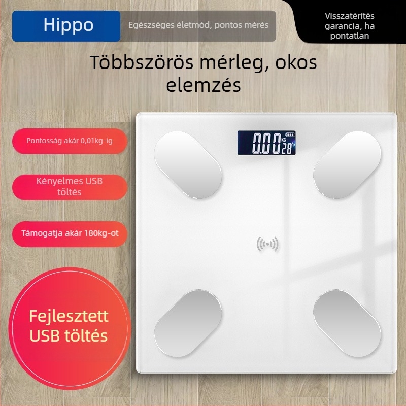 Testtömeg-mérleg testzsír méréssel, 180 kg teherbírás, USB töltés / AA elem, panel edzett üvegből
