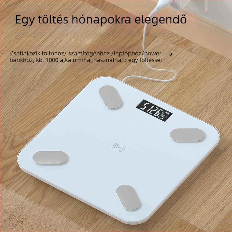 Testtömeg-mérleg testzsír méréssel, 180 kg teherbírás, USB töltés / AA elem, panel edzett üvegből