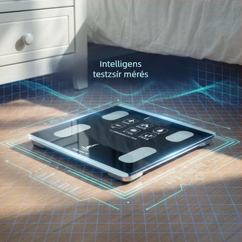 Háztartási, rendkívül precíz testzsírszámláló újratölthető akkumulátorral, Bluetooth, LCD kijelző, mérés a testzsír és a víz arányáról, elektronikus testsúlymérő