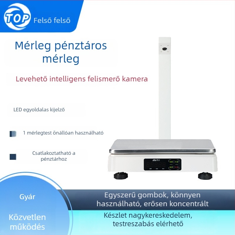 Teljesen automata mindent egyben pénztárgép és pultra helyezett mérleg szupermarketekhez, gyümölcsökhöz és friss árukhoz — magas precizitású digitális mérleg