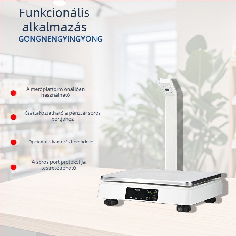 Teljesen automata mindent egyben pénztárgép és pultra helyezett mérleg szupermarketekhez, gyümölcsökhöz és friss árukhoz — magas precizitású digitális mérleg