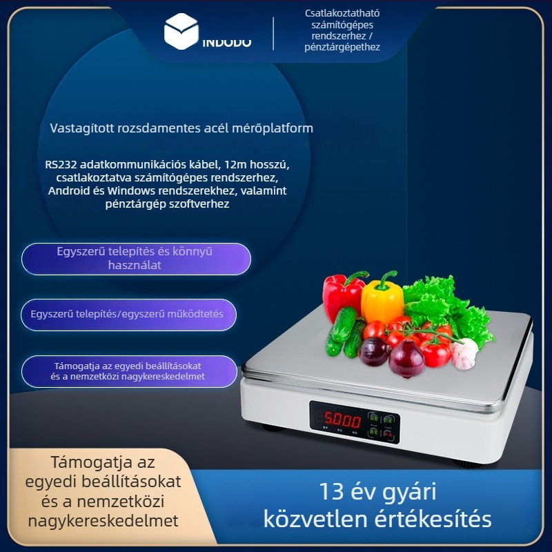 Intelligens elektronikus mérleg 15 kg gyümölcsboltok és delikáteszüzletek számára, nagy pontosságú mérleg digitális kijelzővel és rozsdamentes acél panellel