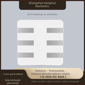 Okos testzsírszámláló Bluetooth-kapcsolattal, modell B21H; mérési tartomány 0,1–180 kg; elektronikus mérés; működtetéshez 2× AAA elem szükséges.