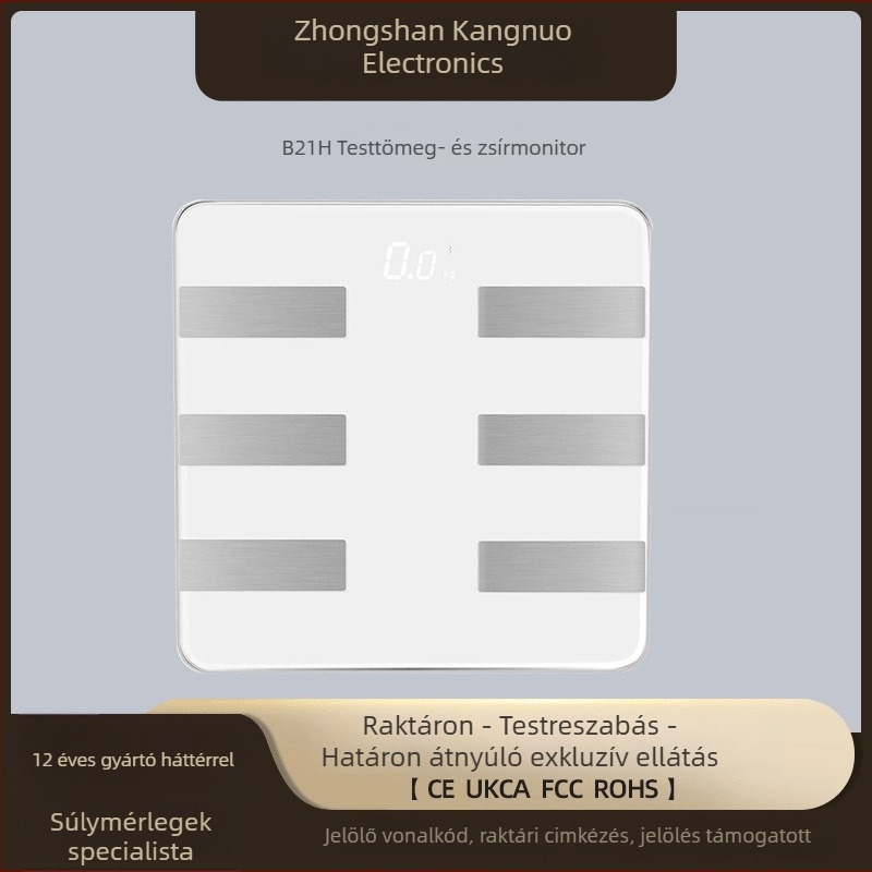 Okos testzsírszámláló Bluetooth-kapcsolattal, modell B21H; mérési tartomány 0,1–180 kg; elektronikus mérés; működtetéshez 2× AAA elem szükséges.
