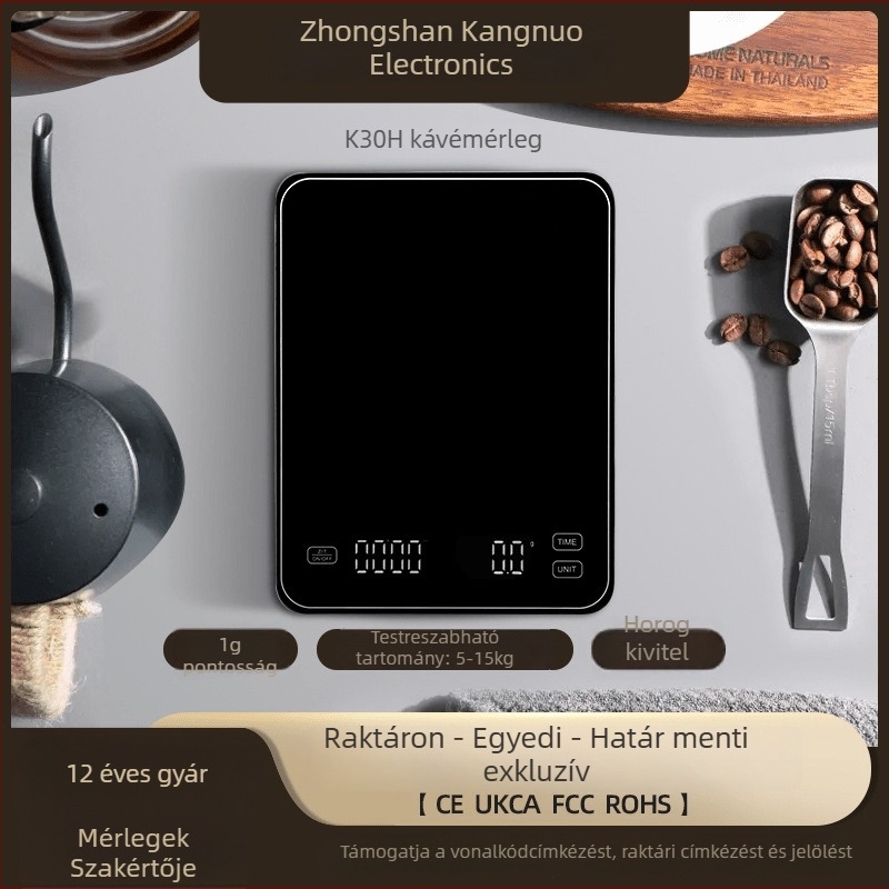 K30H 0,1 g pontosságú kávamérleg, 4 mm üveglap, digitális kézi leöntésre alkalmas mérleg