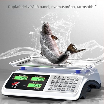 Elektronikus zöldségmérleg – modell JX-938B, mérési tartomány 30 g–30 kg, elektronikus mérés, működtetés: elem vagy hálózati adapter, árazásra
