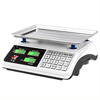 Elektronikus zöldségmérleg – modell JX-938B, mérési tartomány 30 g–30 kg, elektronikus mérés, működtetés: elem vagy hálózati adapter, árazásra