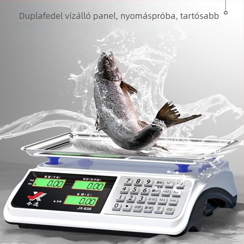 Elektronikus zöldségmérleg – modell JX-938B, mérési tartomány 30 g–30 kg, elektronikus mérés, működtetés: elem vagy hálózati adapter, árazásra