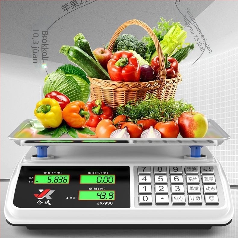 Elektronikus zöldségmérleg – modell JX-938B, mérési tartomány 30 g–30 kg, elektronikus mérés, működtetés: elem vagy hálózati adapter, árazásra