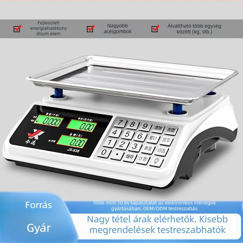 Elektronikus zöldségmérleg – modell JX-938B, mérési tartomány 30 g–30 kg, elektronikus mérés, működtetés: elem vagy hálózati adapter, árazásra