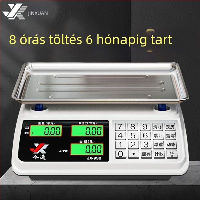 Elektronikus zöldségmérleg – modell JX-938B, mérési tartomány 30 g–30 kg, elektronikus mérés, működtetés: elem vagy hálózati adapter, árazásra