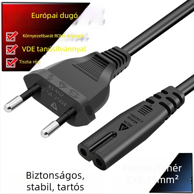 VDE tanúsítvánnyal rendelkező európai szabványú tiszta réz tápkábel, 2 dugó, 8-karakteres véggel, 2 vezető, LCD TV-hez, asztali lámpához, hangrendszerhez, nyomtatóhoz