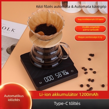 Intelligens kávémérleg automatikus időzítéssel, USB töltés, 5 kg kapacitás, 0,1 g lépésköz, konyhai mérleg