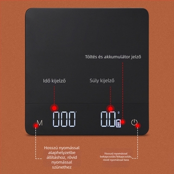 Intelligens kávémérleg automatikus időzítéssel, USB töltés, 5 kg kapacitás, 0,1 g lépésköz, konyhai mérleg