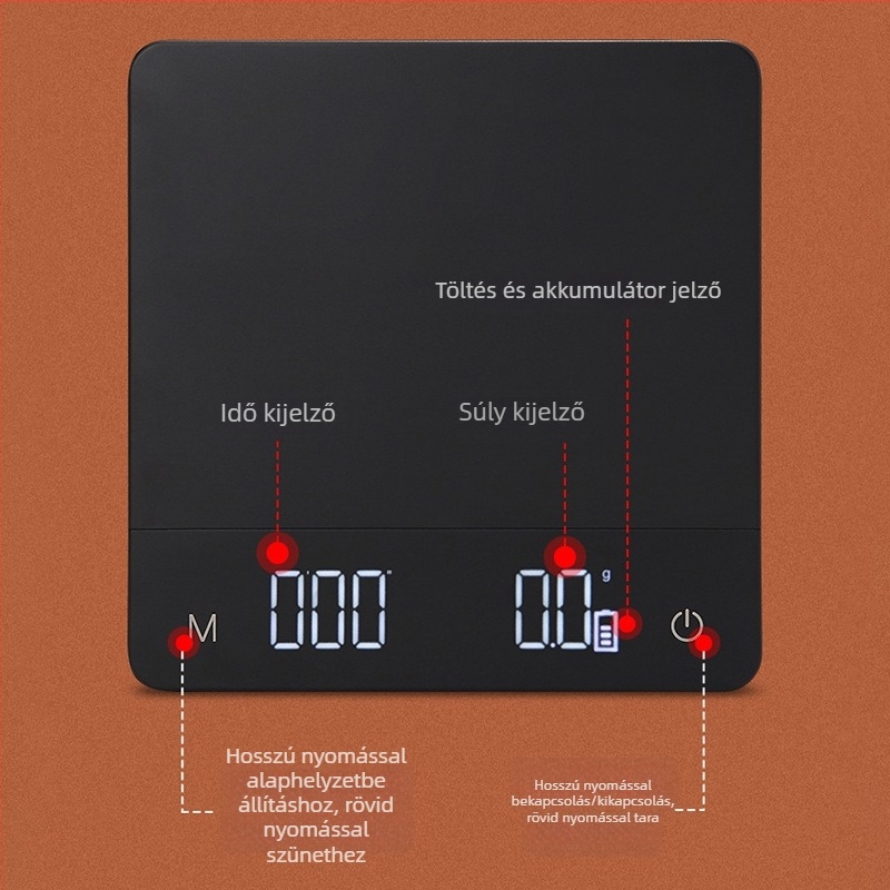 Intelligens kávémérleg automatikus időzítéssel, USB töltés, 5 kg kapacitás, 0,1 g lépésköz, konyhai mérleg