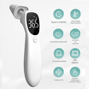 Infravörös hőmérő homlok- és fülhőmérő, kettős használat, LED kijelző, újratölthető Li-ion akkumulátor 3,7 V, modell Aet-r842, súly 73 g
