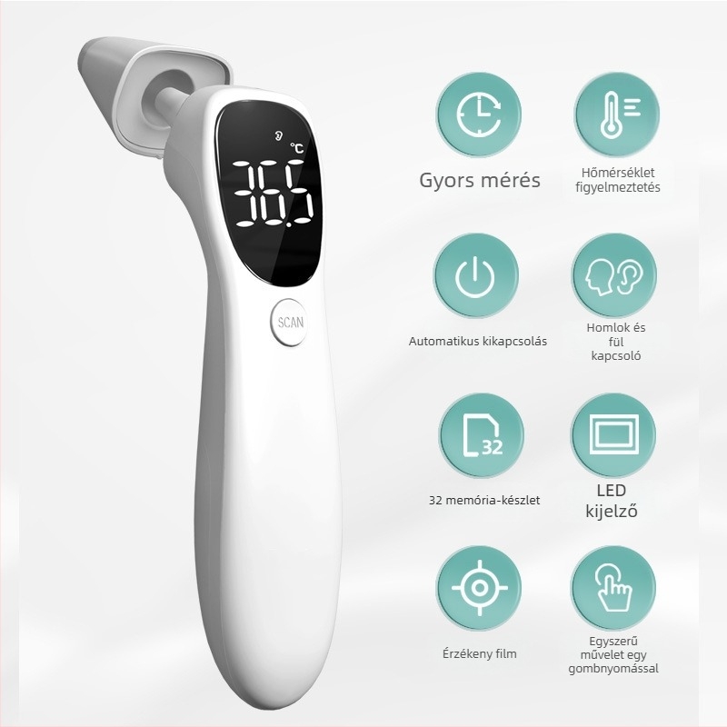 Infravörös hőmérő homlok- és fülhőmérő, kettős használat, LED kijelző, újratölthető Li-ion akkumulátor 3,7 V, modell Aet-r842, súly 73 g