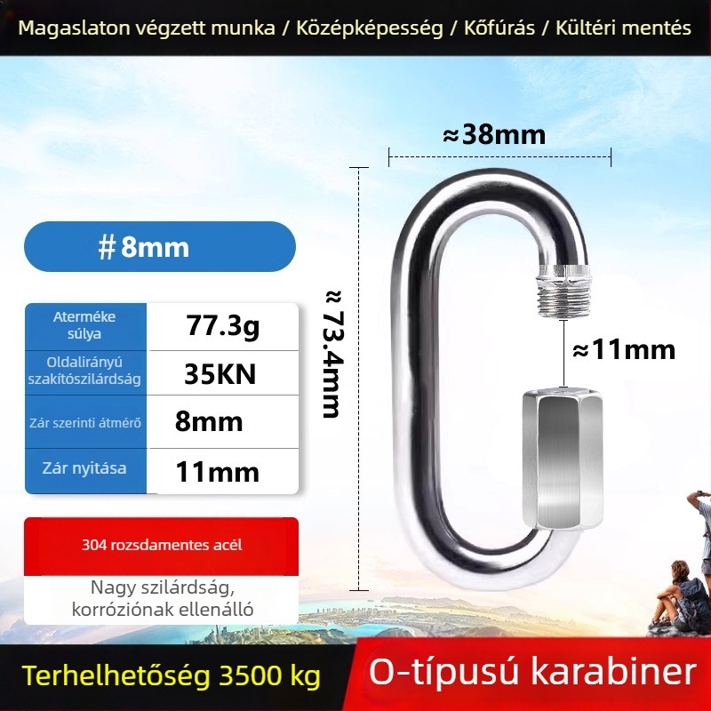 Chuanchuang zárható karabiner rozsdamentes acélból, 304-as, O- alakú, teherbírás 3500 kg