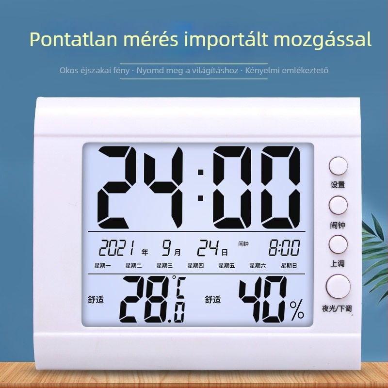 Beltéri digitális hőmérő-higrométer óra és ébresztővel – méri a hőmérsékletet és a páratartalmat