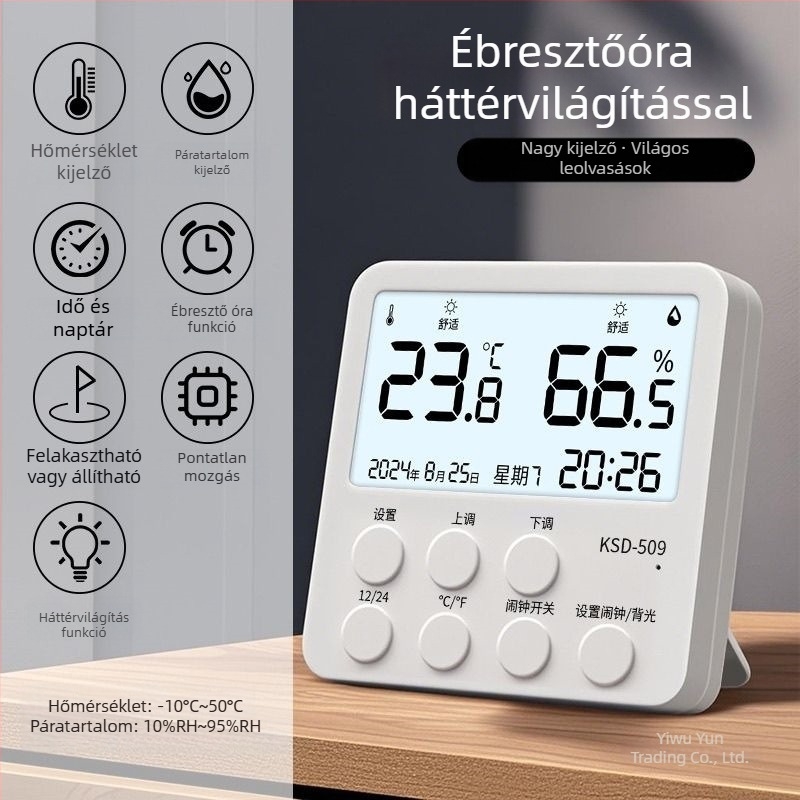 Beltéri digitális hőmérő-higrométer óra és ébresztővel – méri a hőmérsékletet és a páratartalmat