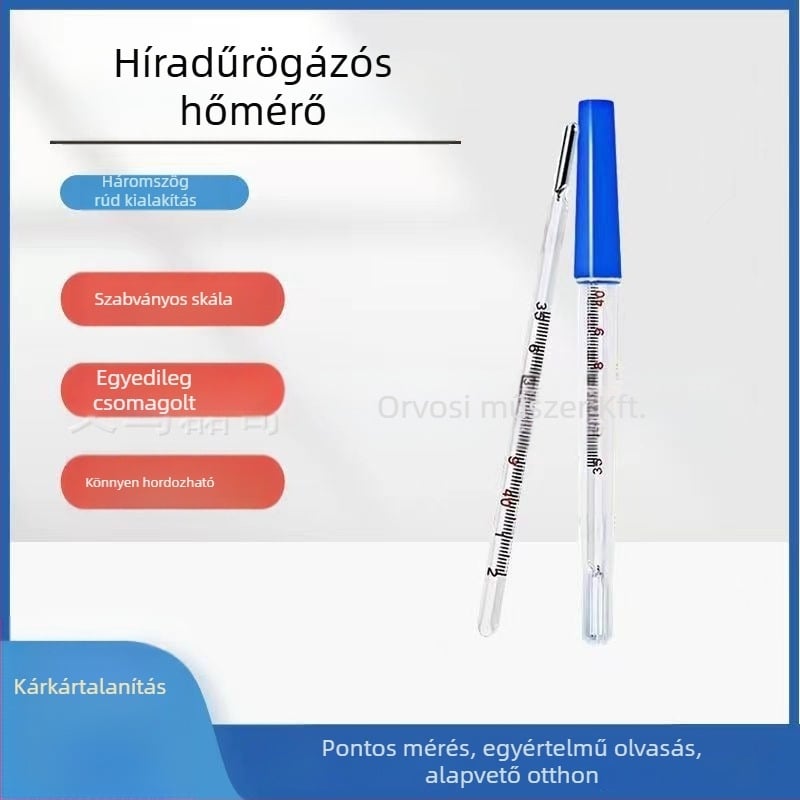 Üvegből készült higanyos hőmérő – háromszög alakú rúd, hónaljban használható, gyors és pontos testhőmérséklet-mérés felnőttek és gyerekek számára