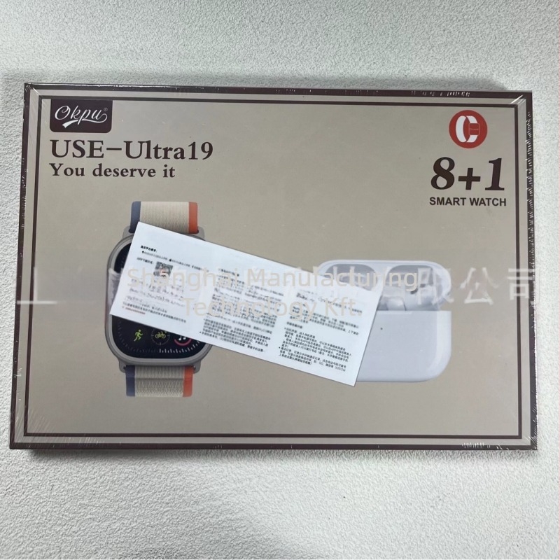 USE19 8-in-1 okosóra készlet sportórával és Bluetooth fejhallgatóval, AMOLED kijelző, szilikon szíj, vezeték nélküli töltés, pulzus- és SpO2 mérés