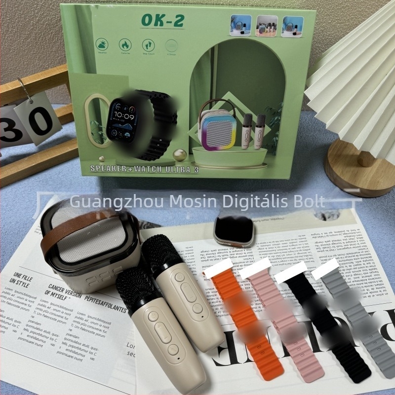 Ok2 okosóra beépített mikrofonnal és Bluetooth hangszóróval; pulzus- és vérnyomásmérés; alváskövetés; vezeték nélküli töltés