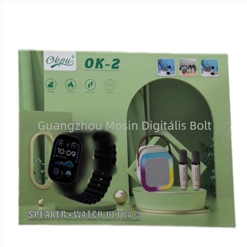 Ok2 okosóra beépített mikrofonnal és Bluetooth hangszóróval; pulzus- és vérnyomásmérés; alváskövetés; vezeték nélküli töltés