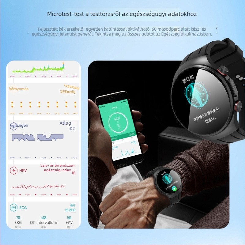 Többfunkciós elektronikus okosóra vérnyomás-, pulzus- és alvásfigyeléssel, AMOLED kijelzővel, úszásálló