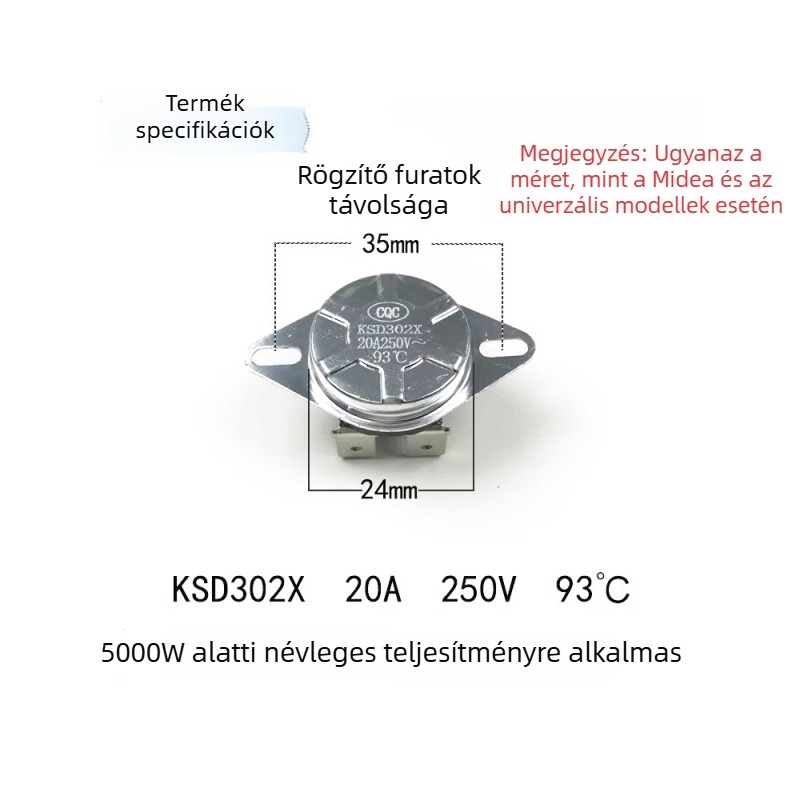 Tárolós típusú elektromos vízmelegítő termosztát kapcsoló kiegészítő, 92°C/93°C, 16A/20A névleges, túlmelegedés és száraz égés elleni védelem