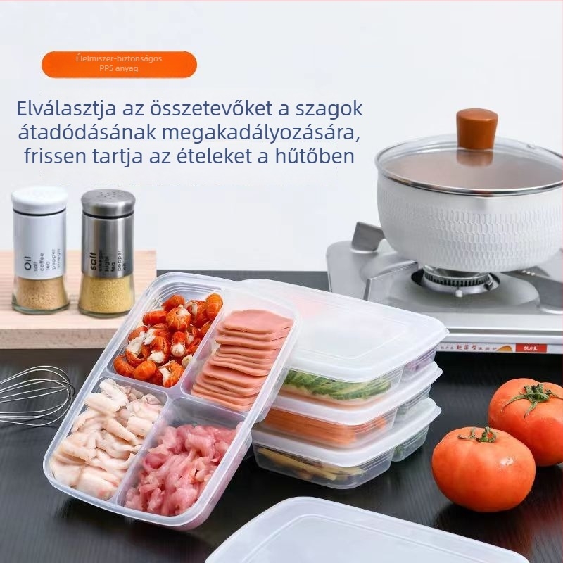 Négy rekeszes, zárható élelmiszer-tároló doboz, élelmiszer-minőségű, hűtőház számára; ideális hús, zöldhagyma, gyömbér és fokhagyma