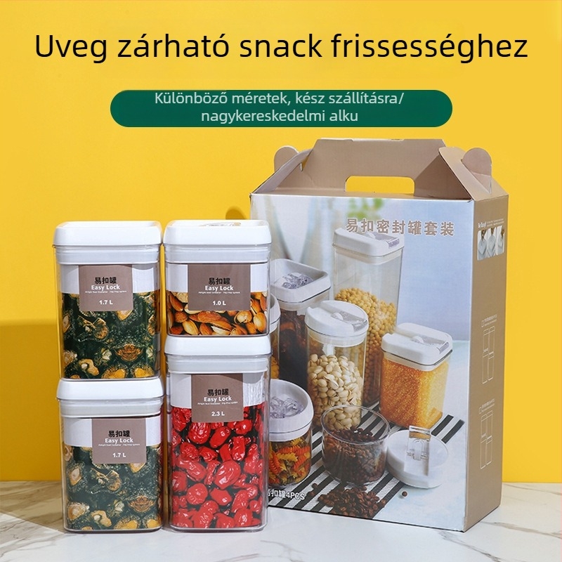 Élelmiszer-minőségű konyhai átlátszó műanyag tárolóedény hermetikus zárással, diófélékhez, nassolnivalókhoz и gabonafélékhez