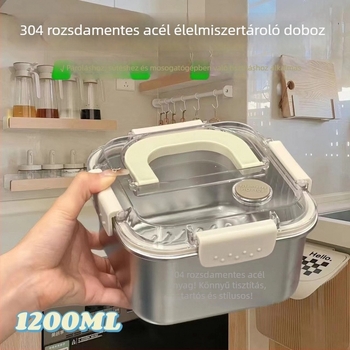 304 rozsdamentes acél ebédes doboz fedővel, négyszögletes forma, mikrohullámú sütőben használható, kapacitás 1–2 L, egy rétegű