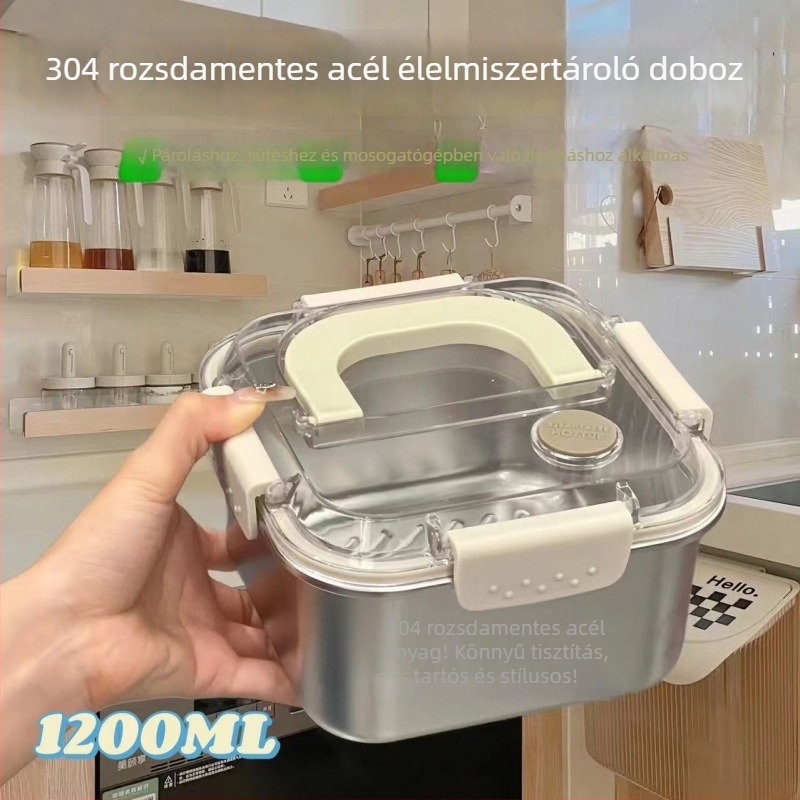 304 rozsdamentes acél ebédes doboz fedővel, négyszögletes forma, mikrohullámú sütőben használható, kapacitás 1–2 L, egy rétegű