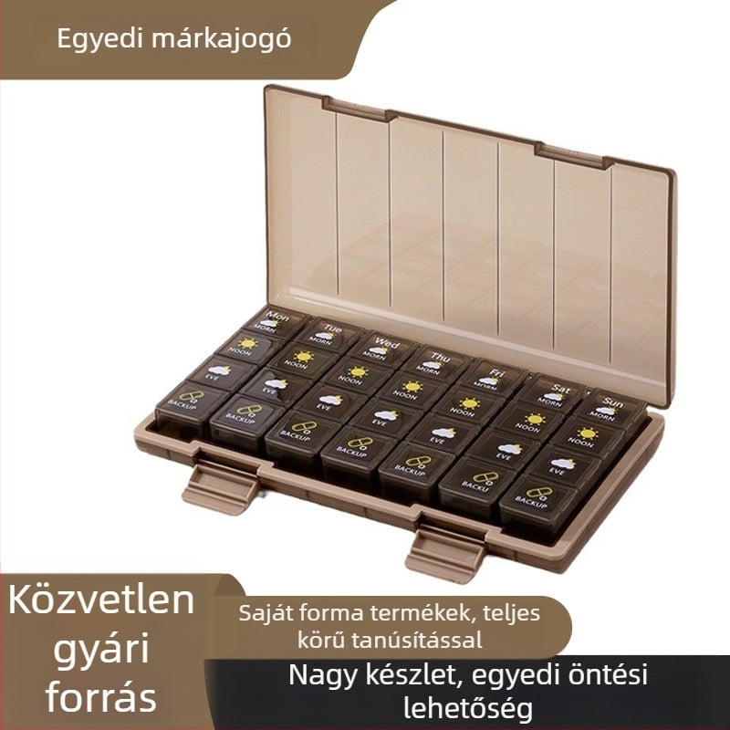 Heti 7 napos tablettás doboz osztókkal, zárható, élelmiszer-minőségű PP műanyagból, logó testreszabás