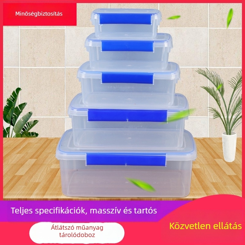 Négyszögletes műanyag élelmiszer-tároló, átlátszó, légmentesen záródó, nedvességálló, hűtőszekrényhez alkalmas, élelmiszer-biztonságos