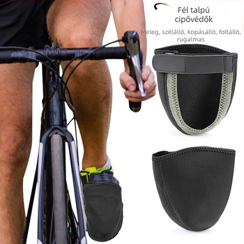 Kültéri kerékpáros cipővédők – lyukasztott alj, elasztikus állítható felső rész, szélvédő és meleg védelem, önzáró kialakítás; Anyagok: Lycra, SBR, poliészter, szilikon, Velcro, bőr; Modell: Kettő; Minden évszakra