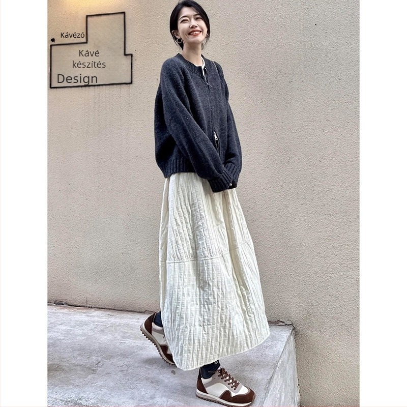 Off-white textúrált sütőtökös szoknya nőknek, magas derék, A-vonal, esernyő fazon, őszi-téli 2025