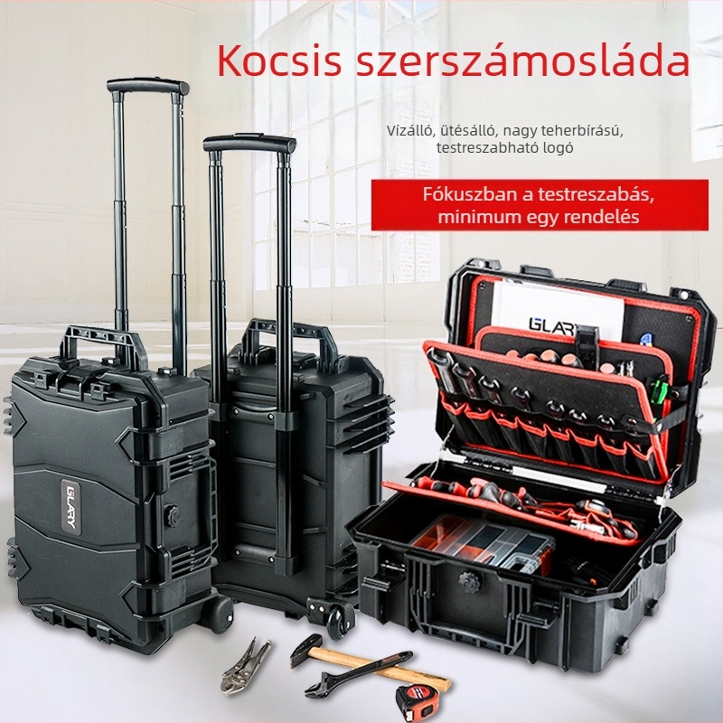 Raktáron hordozható műanyag szerszámdoboz húzórúd mechanizmussal, vízálló és porálló, kiváló minőségű precíziós berendezés védőtok