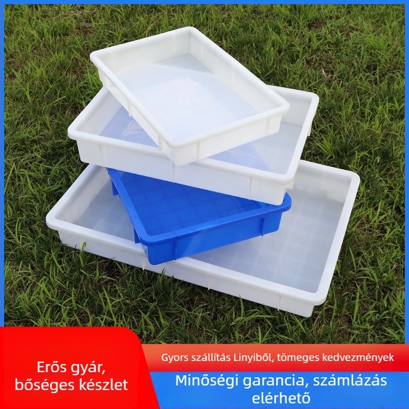 Négyzet alakú műanyag sekély tál lisztkukac-tenyésztéséhez, belső méretek 525×340×75 mm, külső méretek 565×380×80 mm