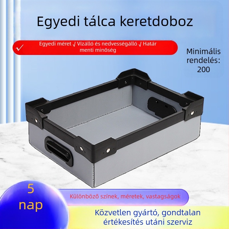 PP műanyag tálcás doboz, rendezhető és összecsukható tároló, antistatikus, vízálló és korrózióálló; belső méretek 300×230×120 mm, külső 345×270×145 mm