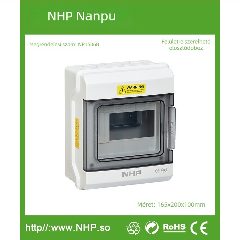 NP1506B 6‑pozíciós vízálló elosztó doboz beltéri és kültéri használatra IP65, 6P, 32A, PC ház