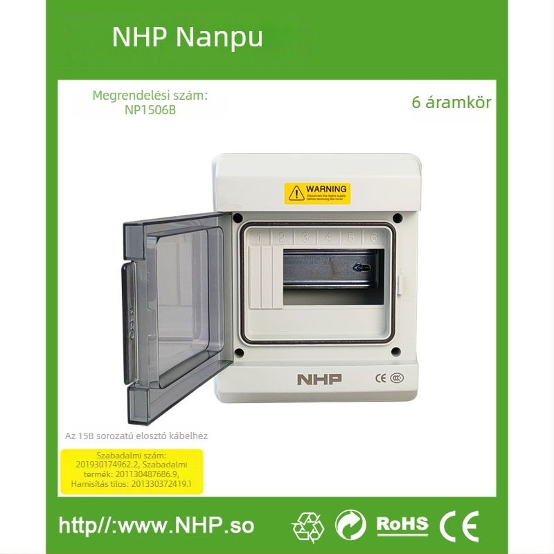 NP1506B 6‑pozíciós vízálló elosztó doboz beltéri és kültéri használatra IP65, 6P, 32A, PC ház