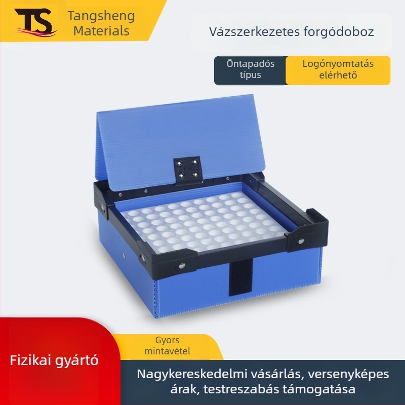 PP vázas szerkezetű turnover doboz fedéllel, kerekekkel és öntapadós üreges panelbeszúrással