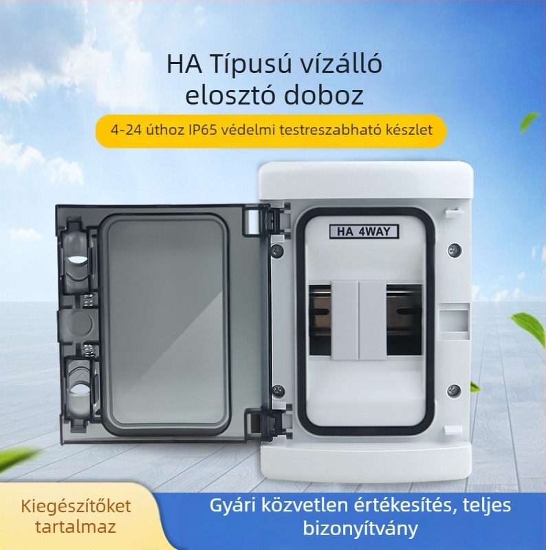 Kültéri vízálló osztó doboz HA sorozat, 4–24 áramkör, IP65, ABS ház, PC átlátszó fedél, névleges áram 63 A