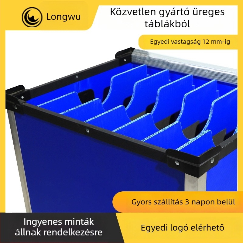 PP üreges lemezből készült forgódoboz teljes élvédős körbefedéssel, megerősített váz, antistatikus műanyag hullámkarton szállító doboz