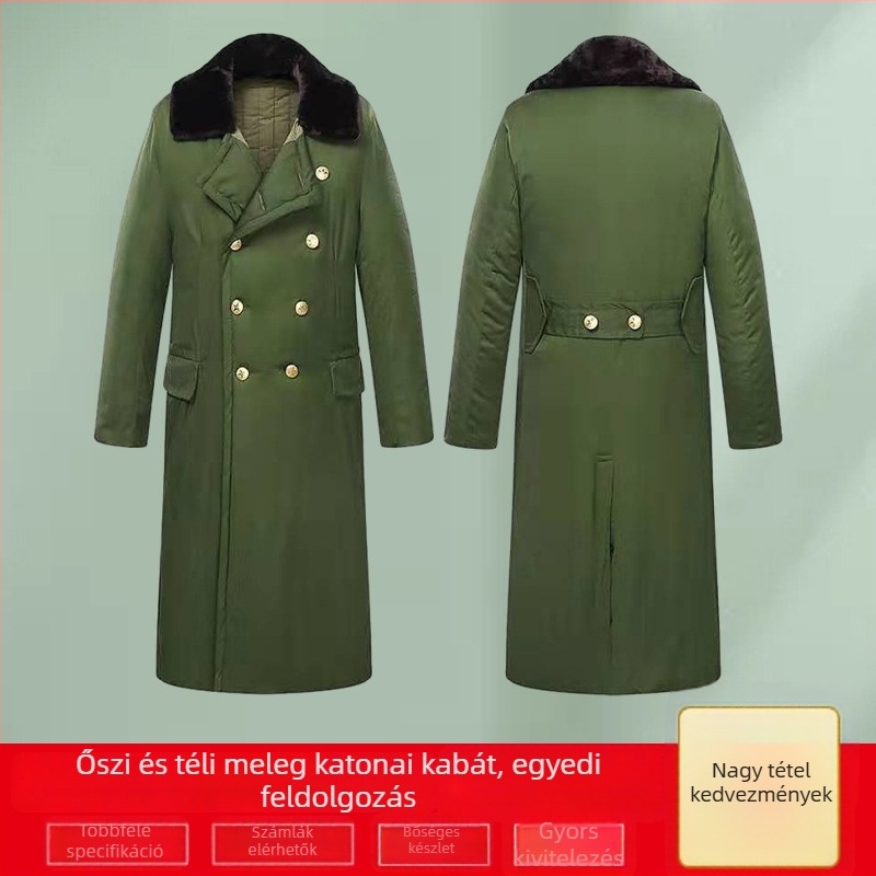 Hosszú téli pamutkeverék kabát katonai stílusban — meleg, kopásálló, szélálló, nedvességelvezető, egyszínű