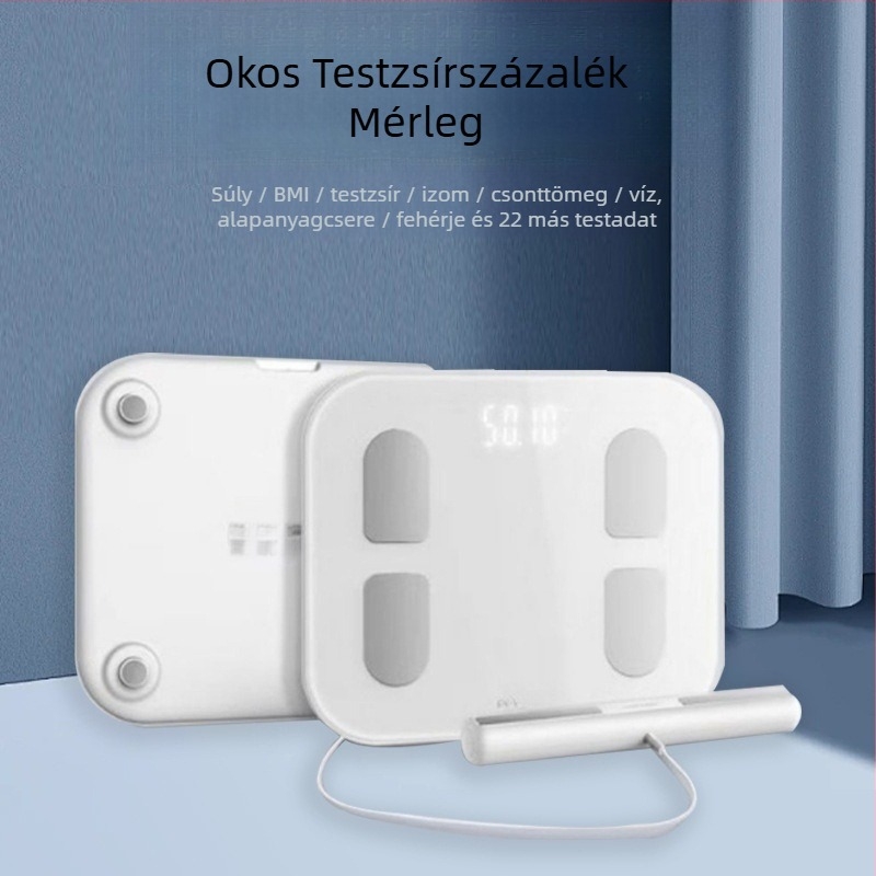 Testzsír mérleg Q7 – okos, újratölthető, iOS-kompatibilis, edzett üveg, érintéses működés